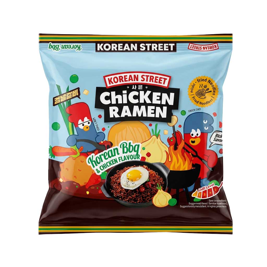 Korean Street, Hähnchen Ramen, Instant-Nudeln, BBQ-Geschmack, Bunte Verpackung