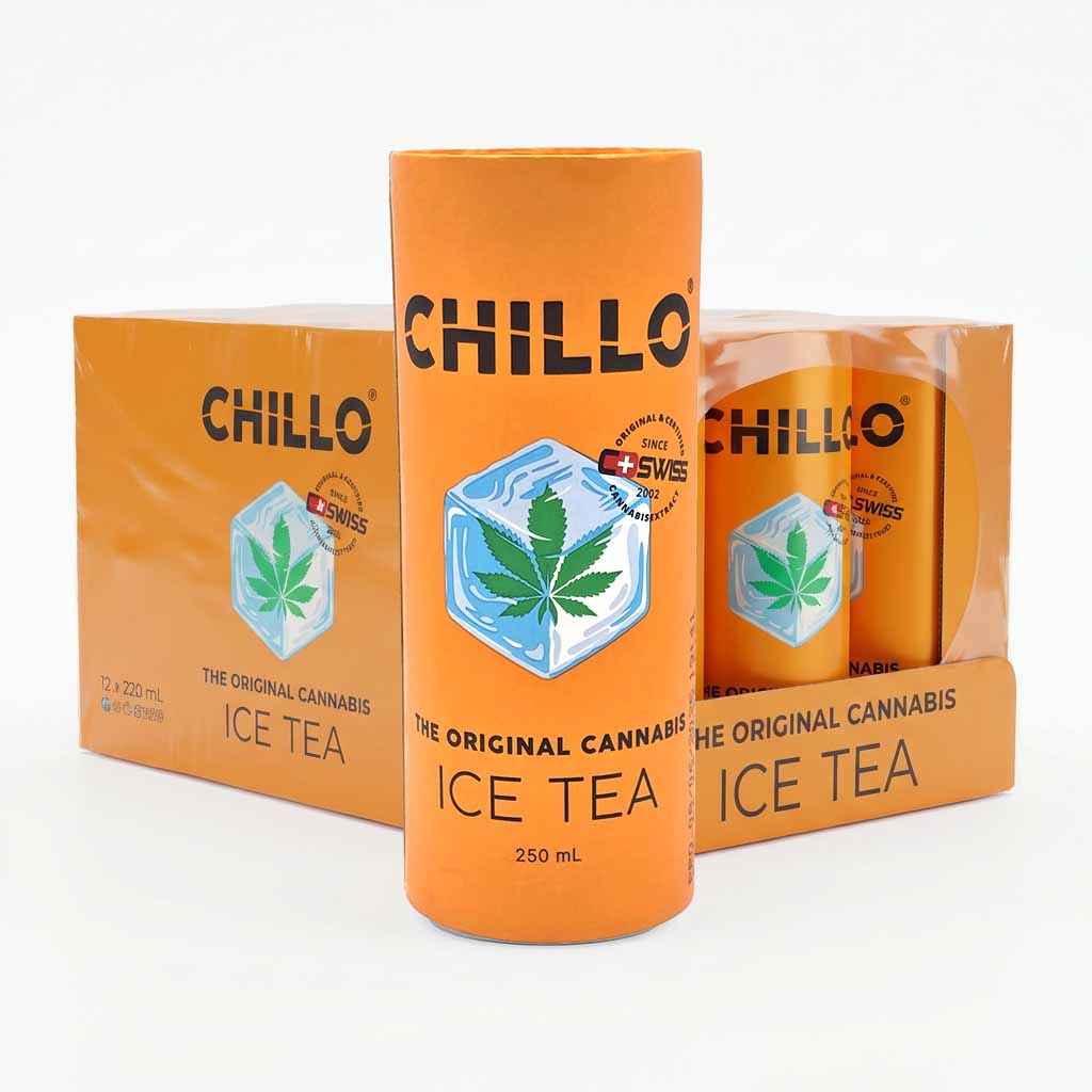 Eistee, Cannabispflanze, Flasche, Orangene Verpackung, Schweizer Qualität