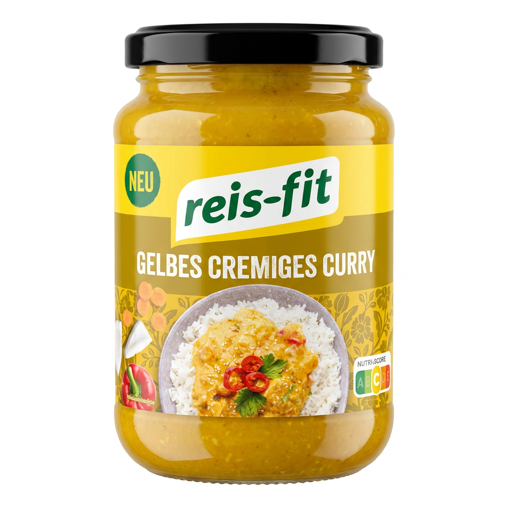 Gelbes Curry, Currysoße, Glas, Reis-Begleiter, Lebensmittel