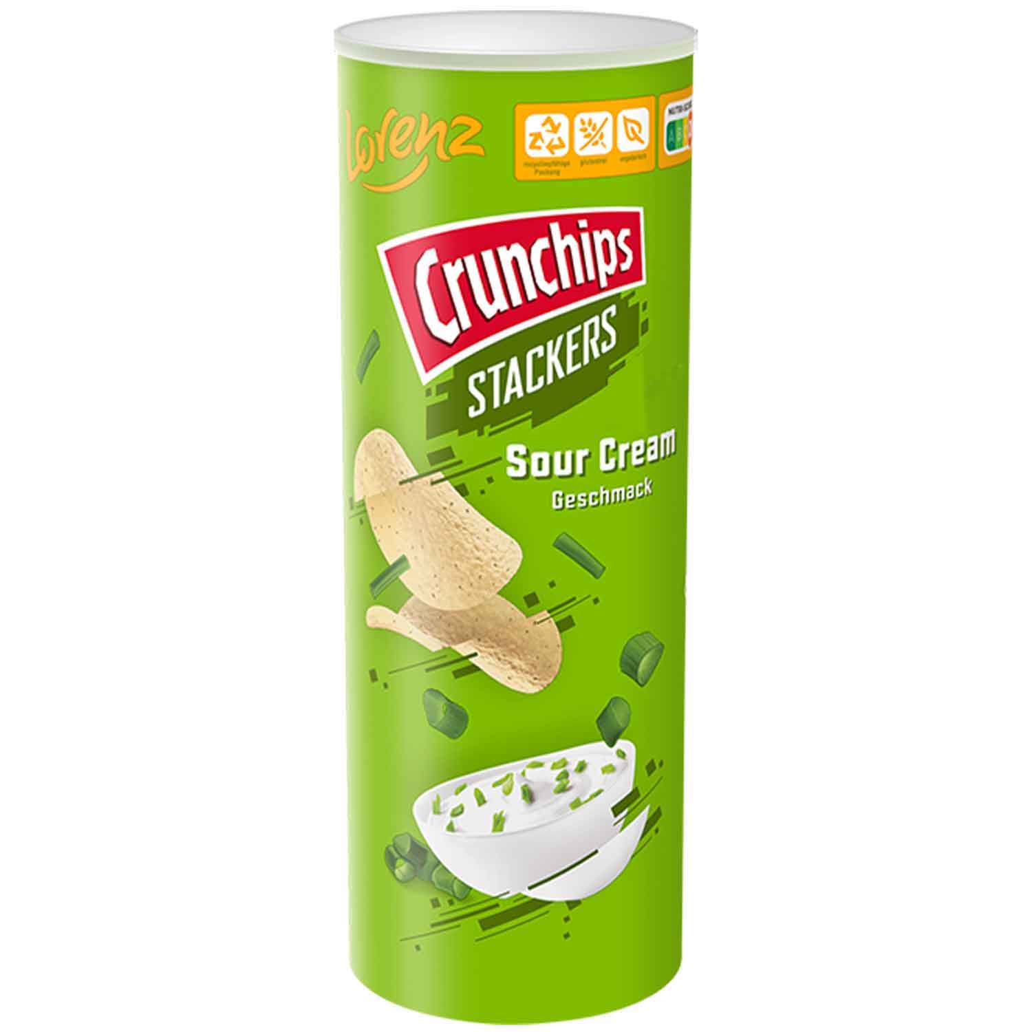 Crunchips, Stackers, Sour Cream, Chips, Grünes Packungsdesign