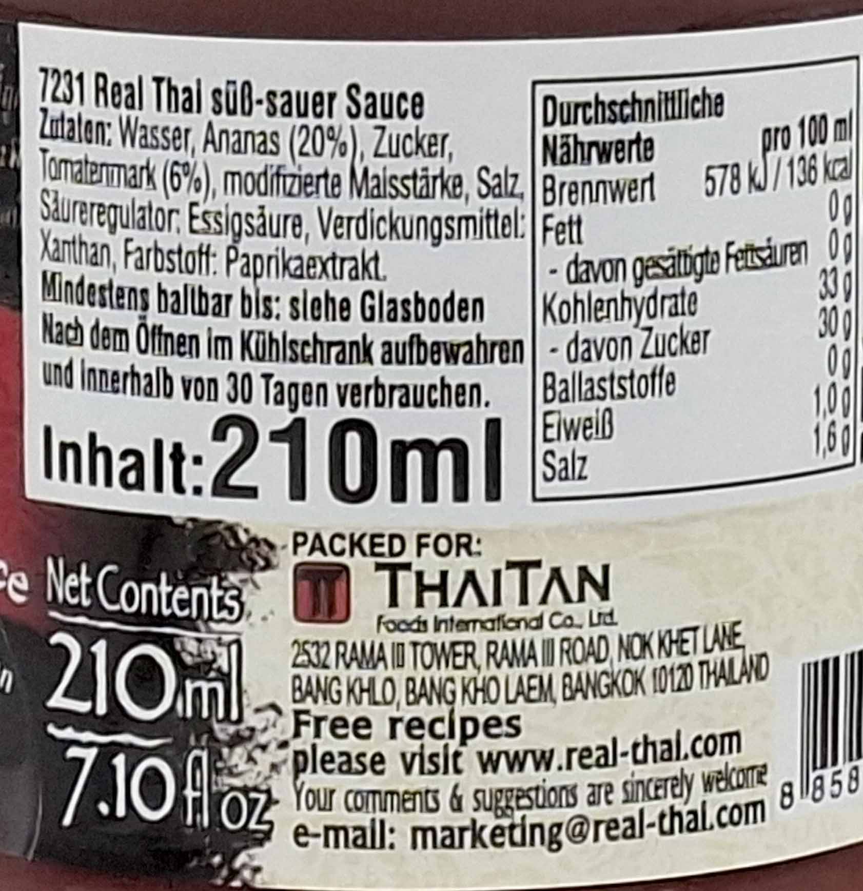 Thai sauce, 210 ml, Saucenflasche, thailändische Küche, Zutatenetikett