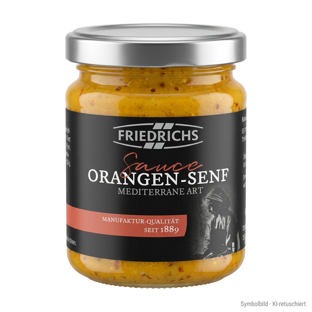 Senf, Orangen-Senf, Mediterrane Art, Glasbehälter, Friedrichs