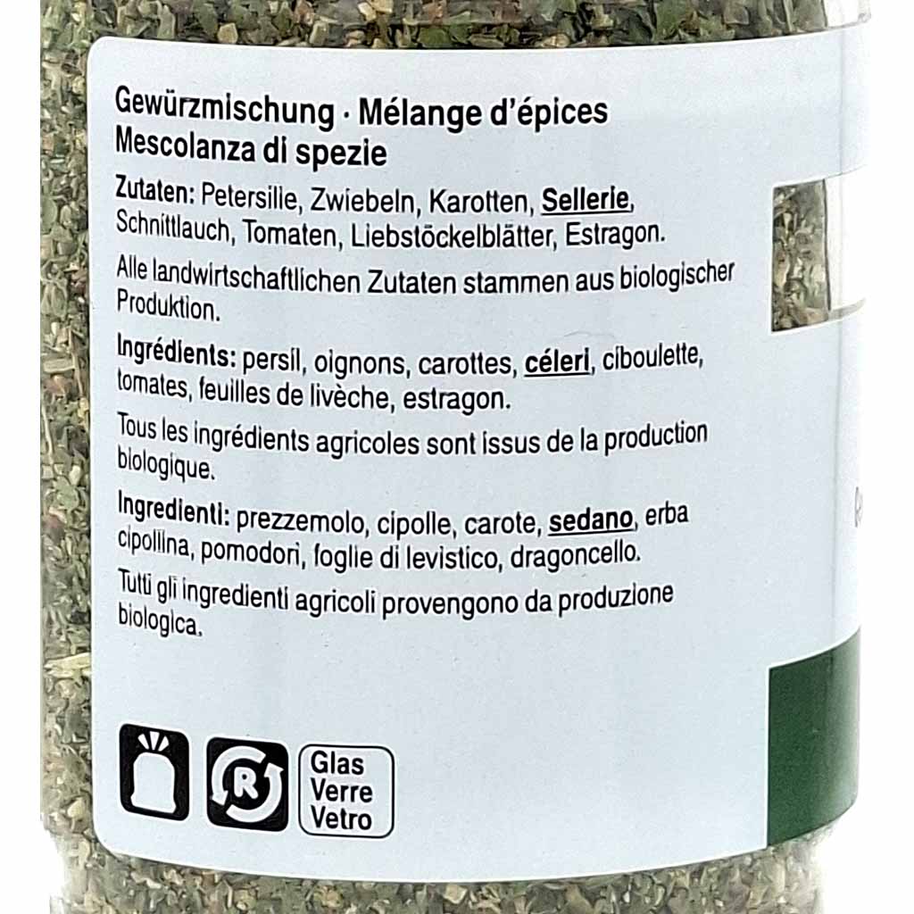 Gewürzmischung, Mélange d'épices, Zutaten, Bio, Glasbehälter
