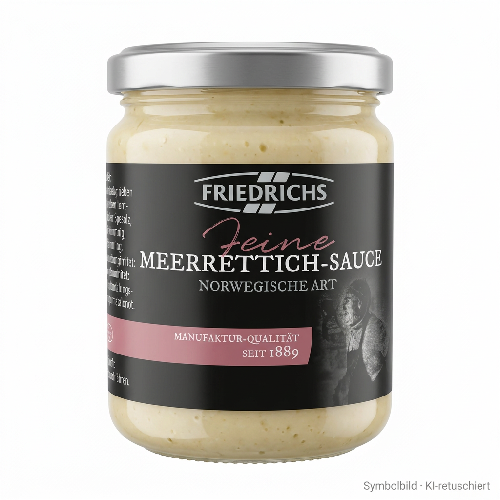 Sosse, Meerrettich, Norwegische Art, Glasbehälter, Etikett