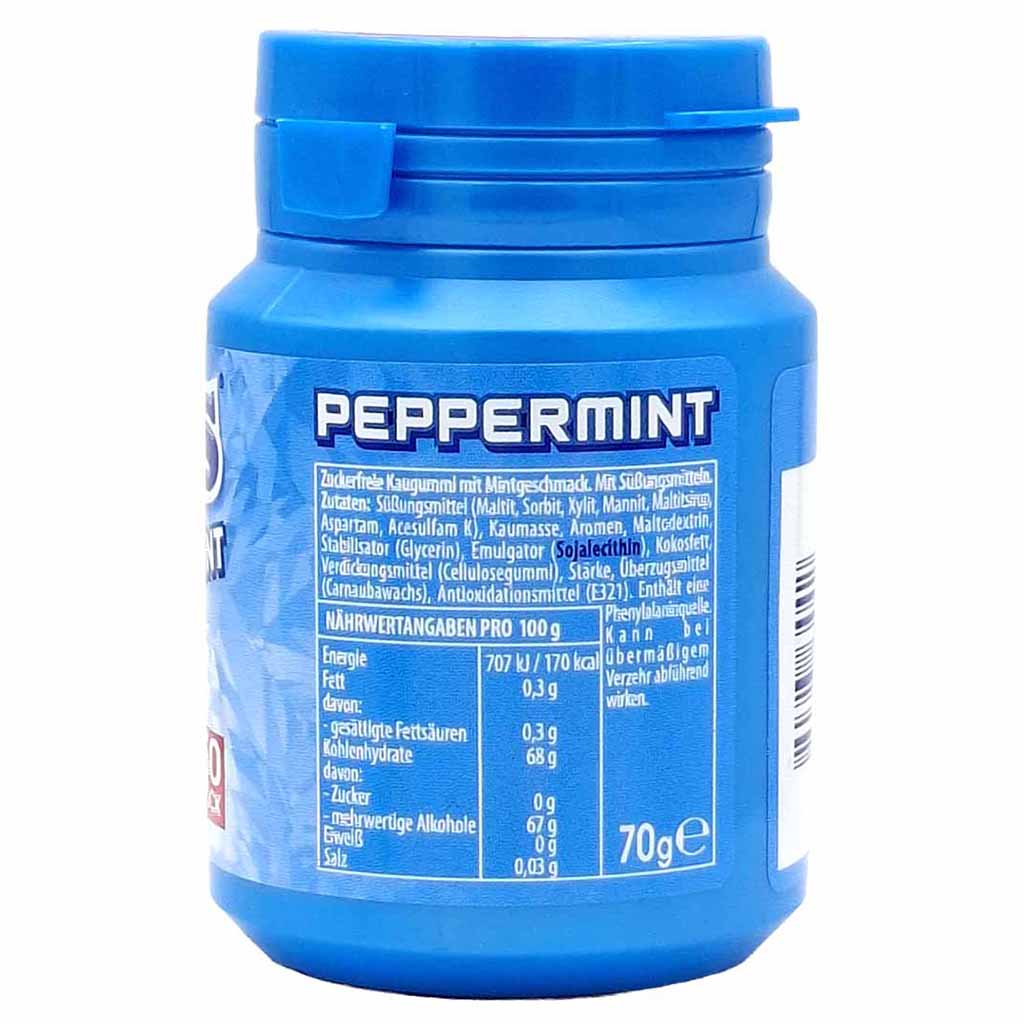 Kaugummi, Pfefferminz, Flasche, 70 g, Zutatenetikett