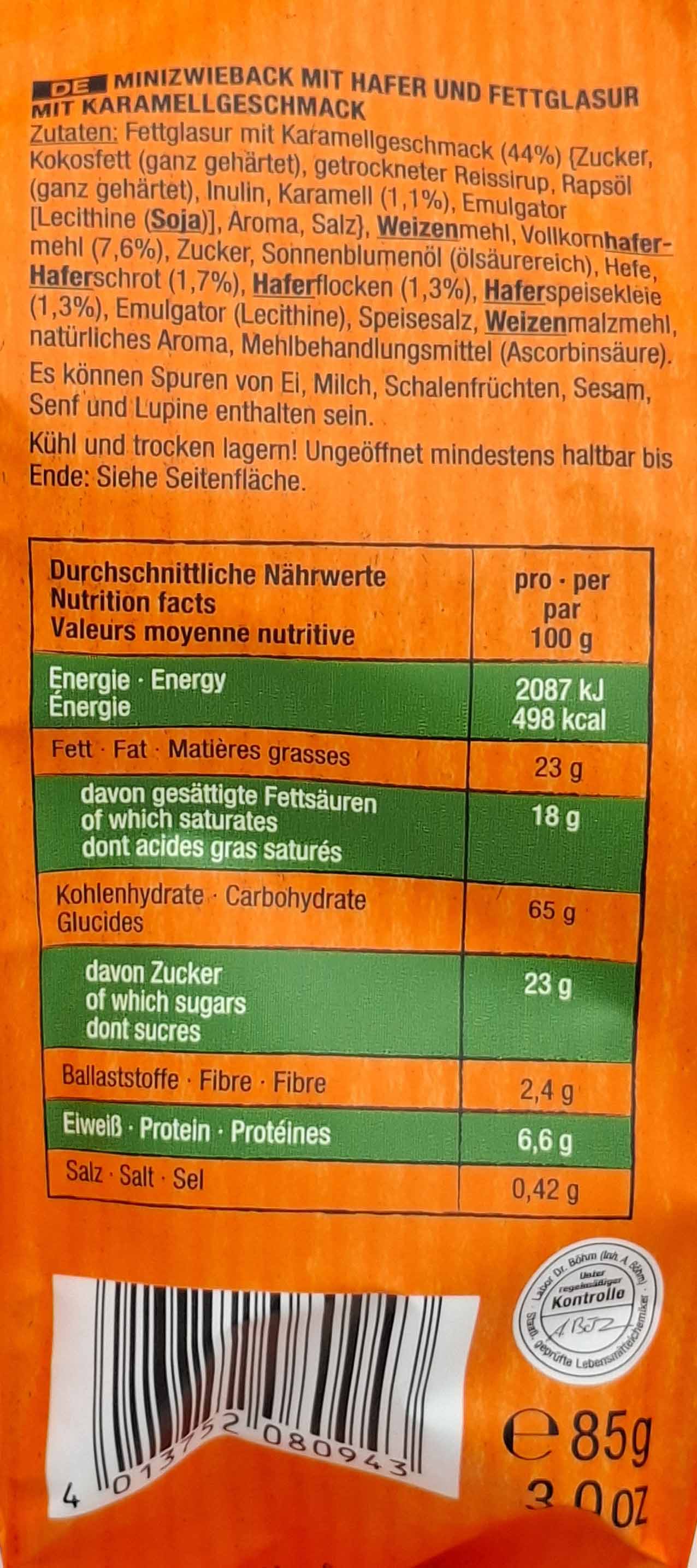 Karamell, Hafer, Fettglasur, Nährwertangaben, Riegel