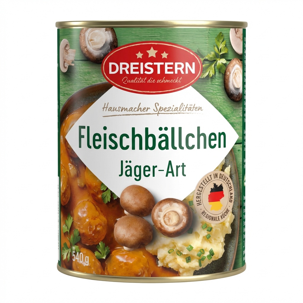 Fleischbällchen, Jäger-Art, Konserve, Champignons, Kartoffel-Möhren??
