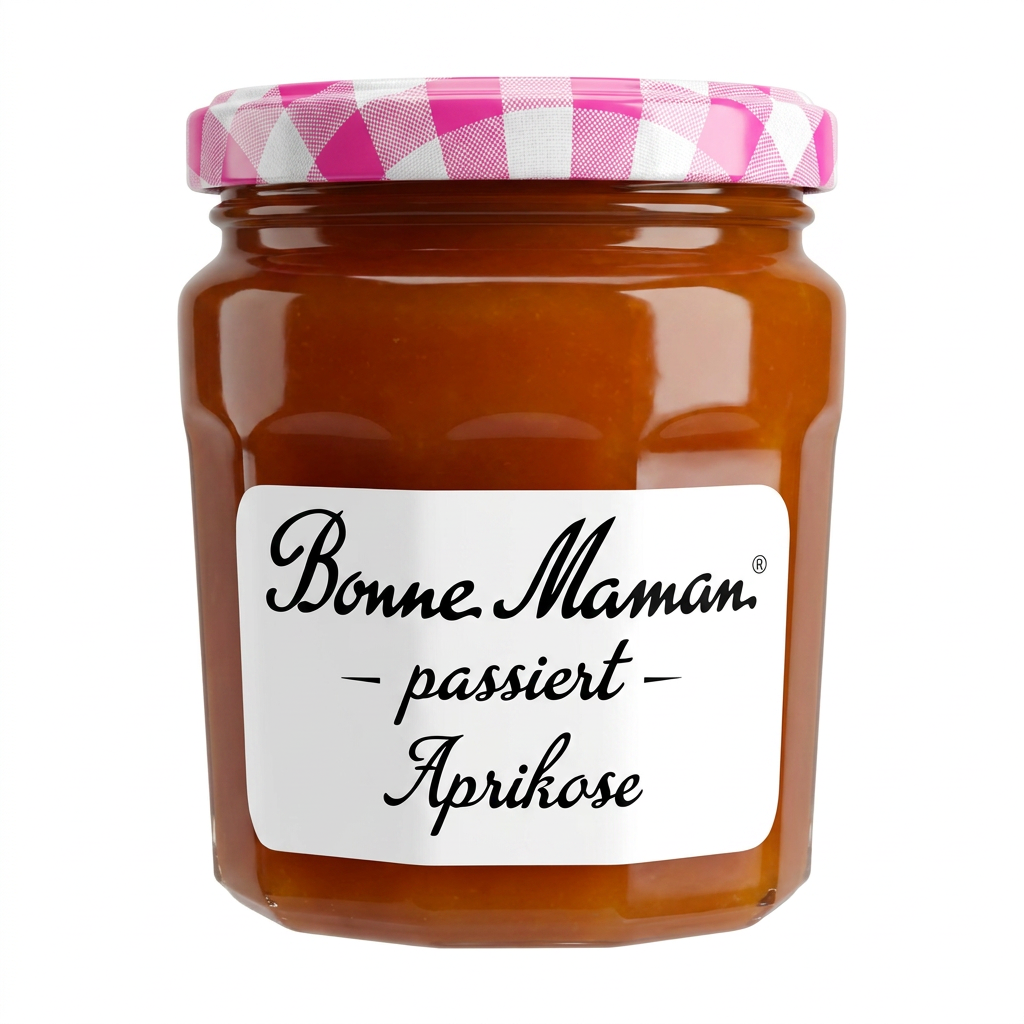 Glasglas jar, Aprikosenmarmelade, Orangenfarbene Marmelade, Brotaufstrich, Bonne Maman