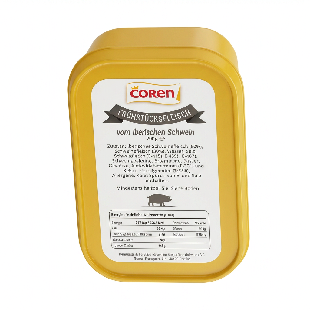 Frühstücksfleisch, Iberisches Schwein, 200 g, gelbe Dose, Etikett Text