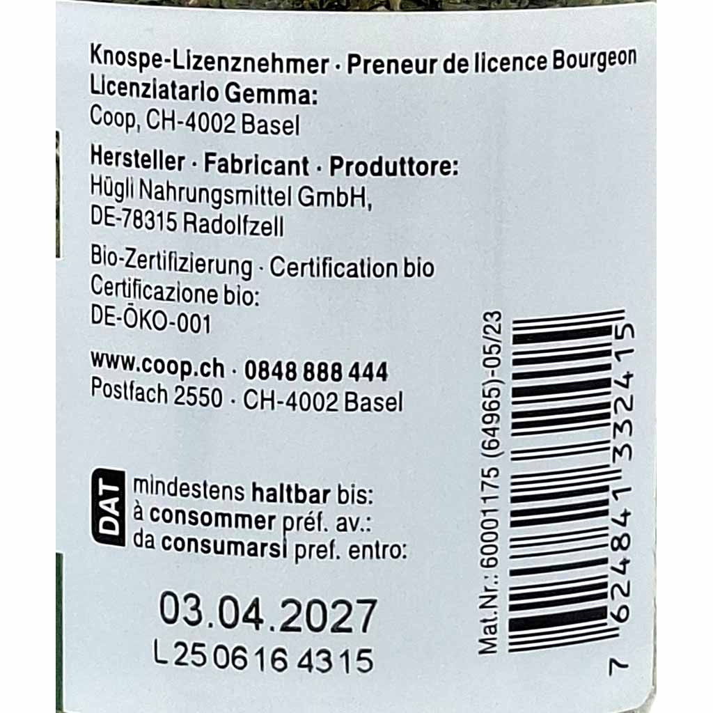 Bio-Zertifizierung, Zutaten, Nährwert, Barcode, Haltbarkeitsdatum