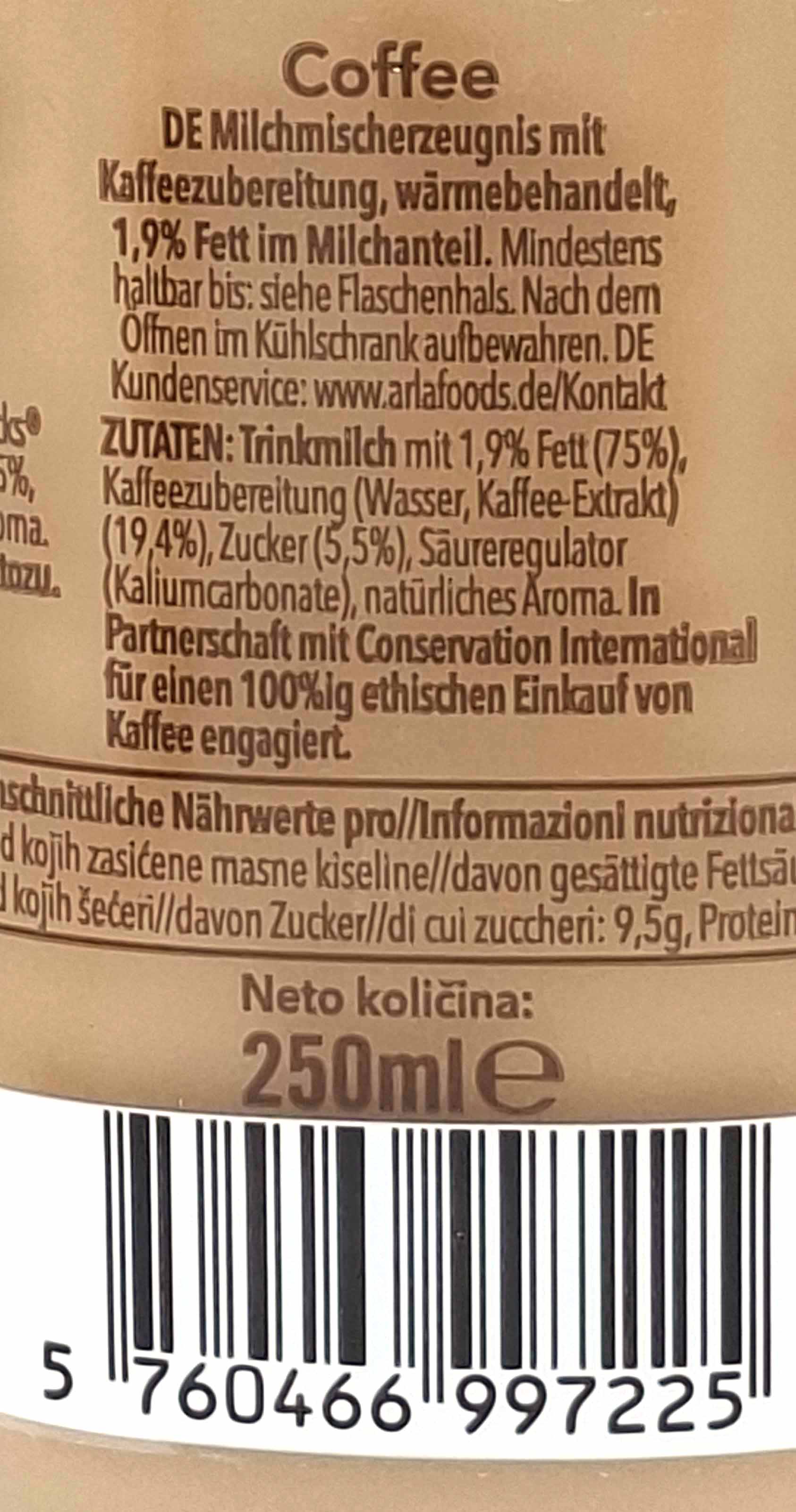 Kaffee, Milchgetränk, 250ml, Zutaten, Barcode