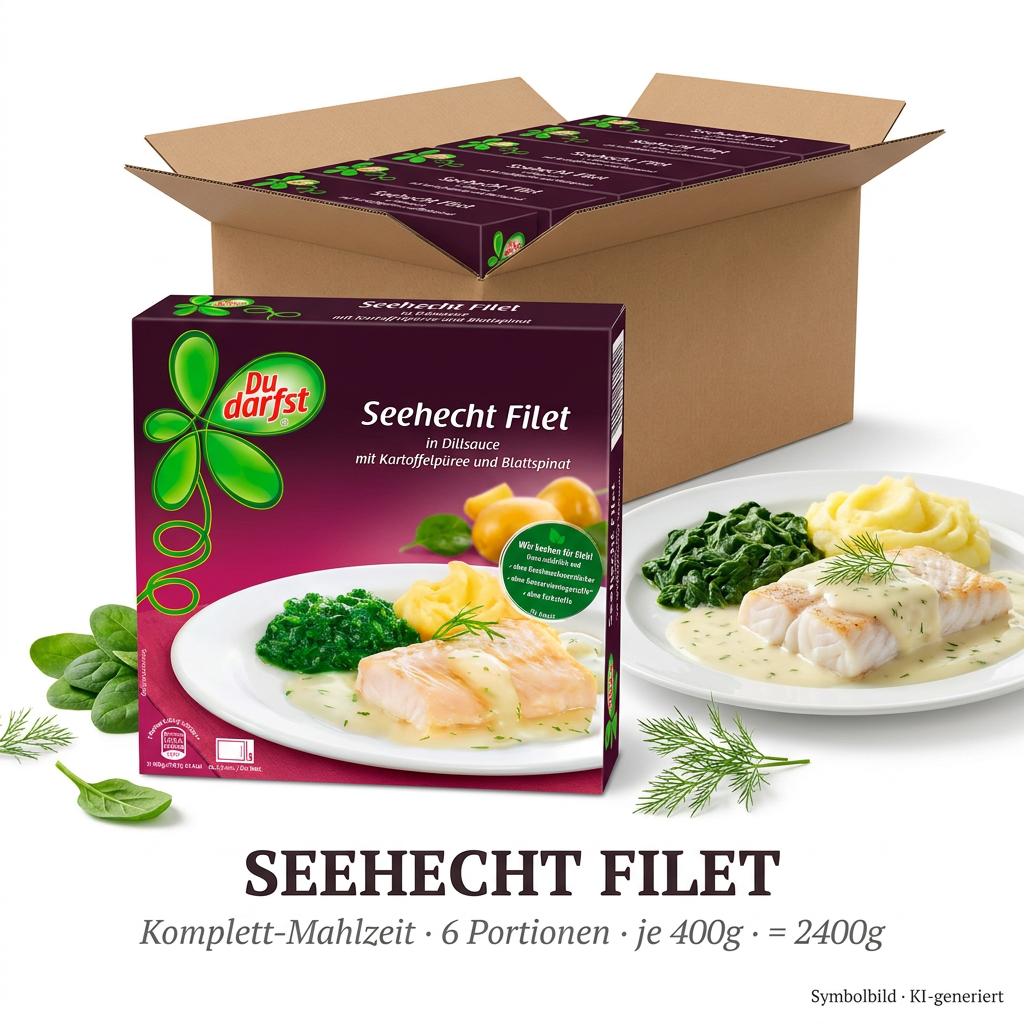 Seehecht Filet, Fischgericht, Kartoffelpüree, Spinat, Dillsoße