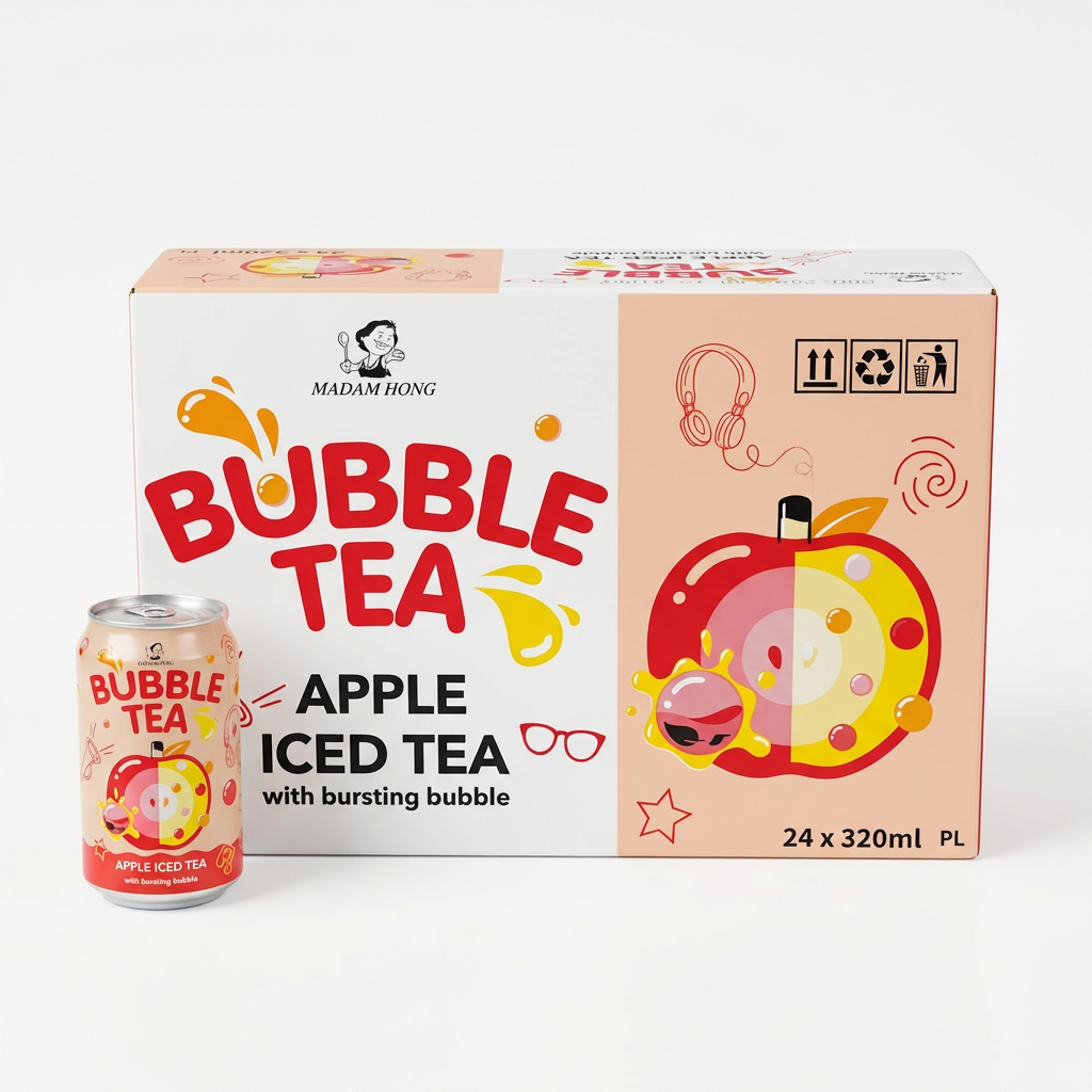 Bubble Tee, Apfel Geschmack, Eistee, Ploppende Blasen, 24 x 320ml