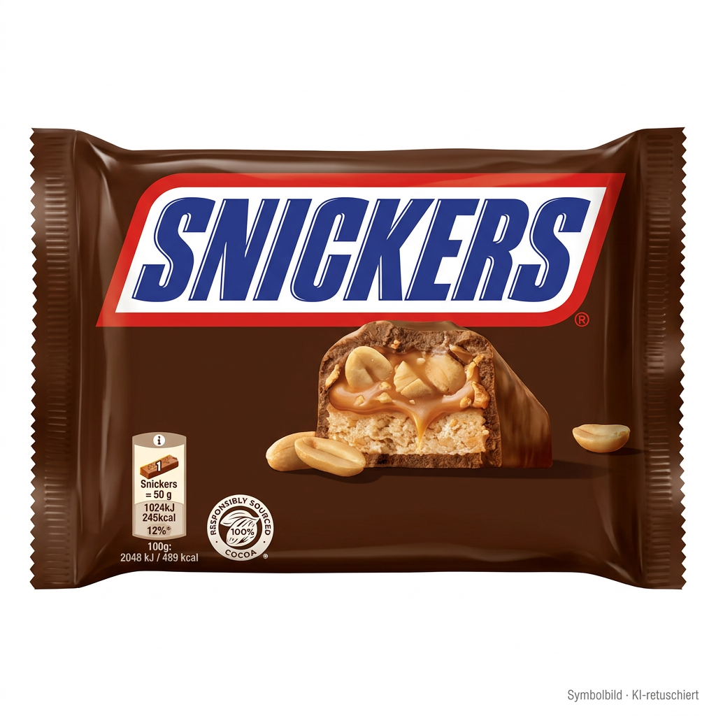 Schokoriegel, Snickers, Erdnussbutter, Karamell, Braune Verpackung