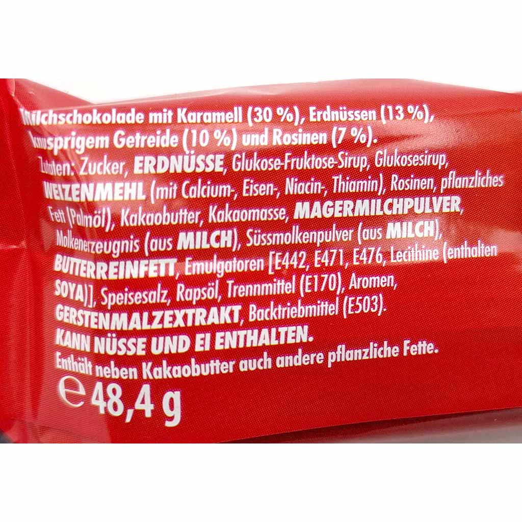 Schokolade, Karamell, Erdnüsse, Rosinen, Zutaten