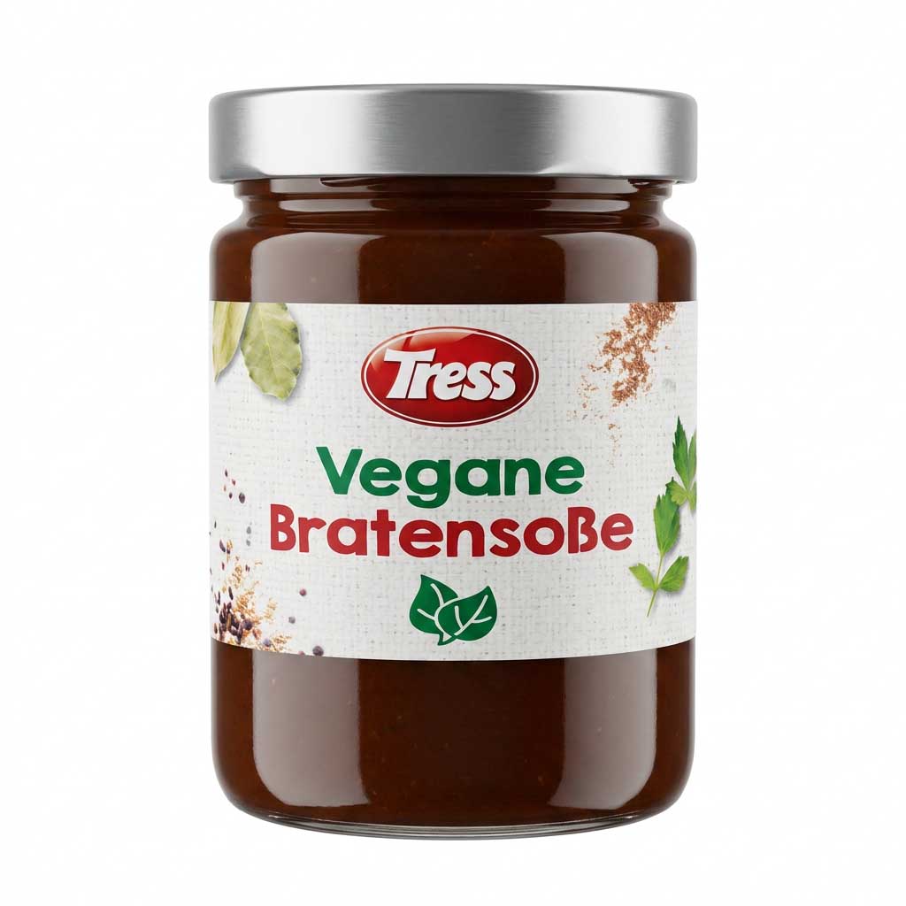 Vegetarian sauce, Vegan sauce, Bratensauce, Tomato-based, Glas Glastiegel