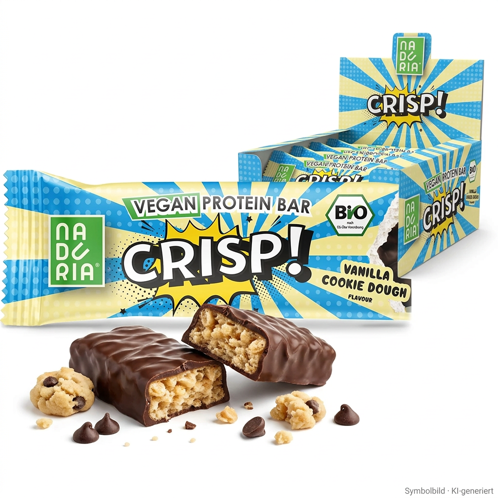 veganer proteinriegel, crispy bar, vanille-keksteig, schokoladenüberzug, cookie crumble