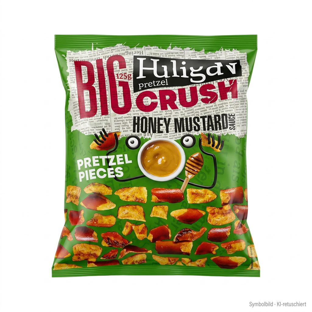 Pretzelstücke, Honig-Senf, Snack, Grüne Verpackung, Rauten-/ Muster?