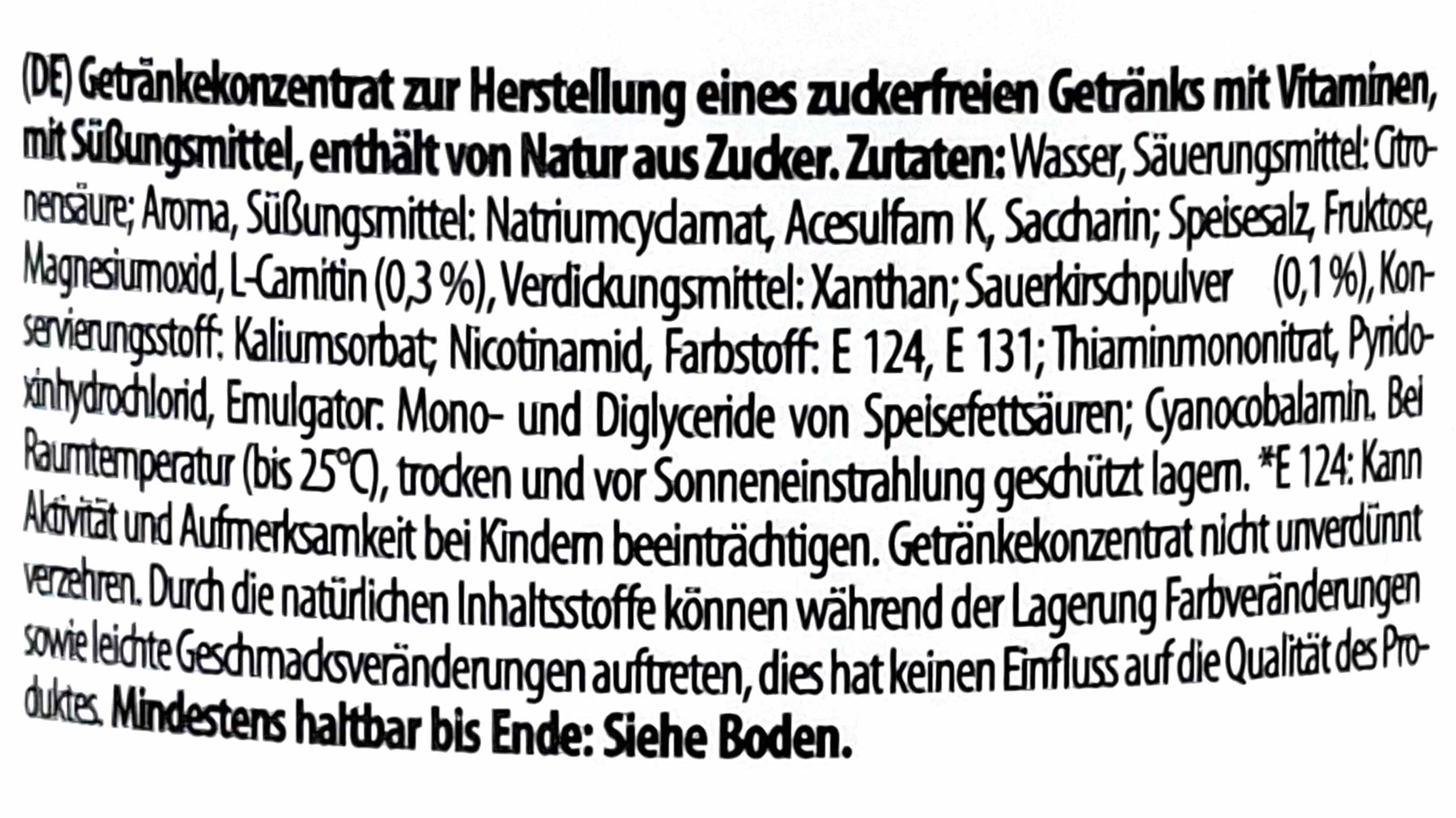 Getränkekonzentration, Zuckerfrei, Vitamine, Natriumcyanamid, Nicotinamid
