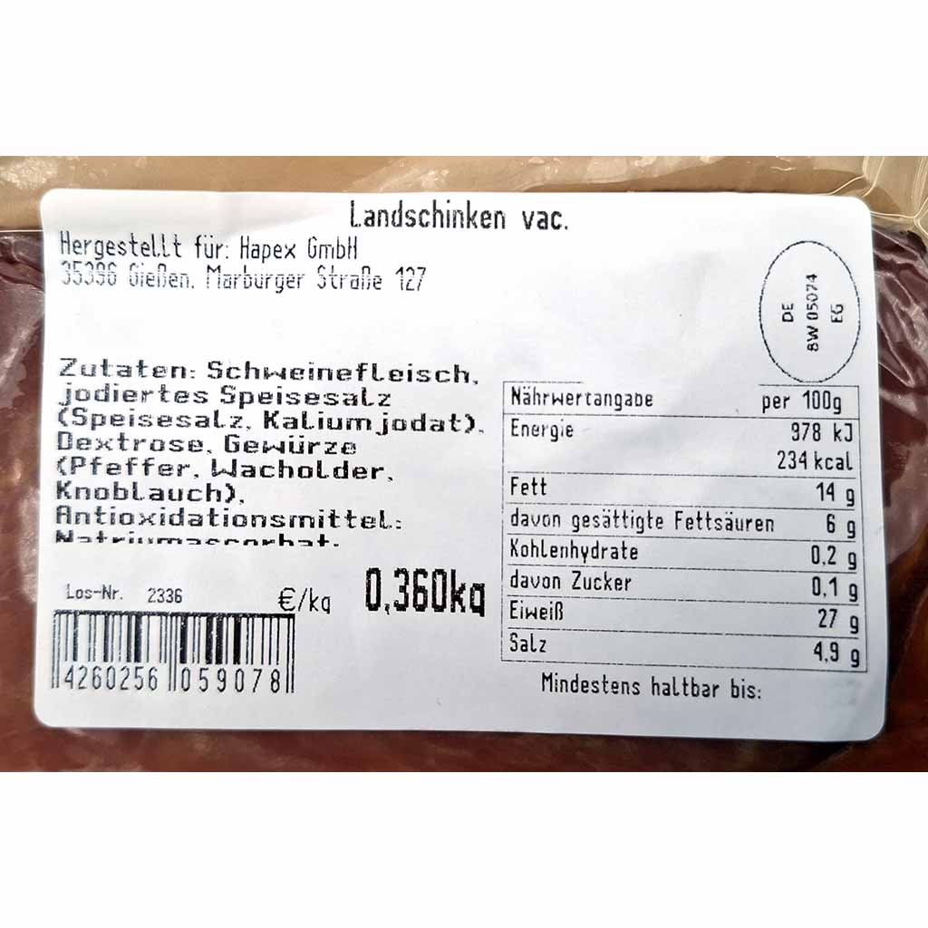 Schweinefleisch, Wurst, Zutaten, Nährwertangabe, 100g