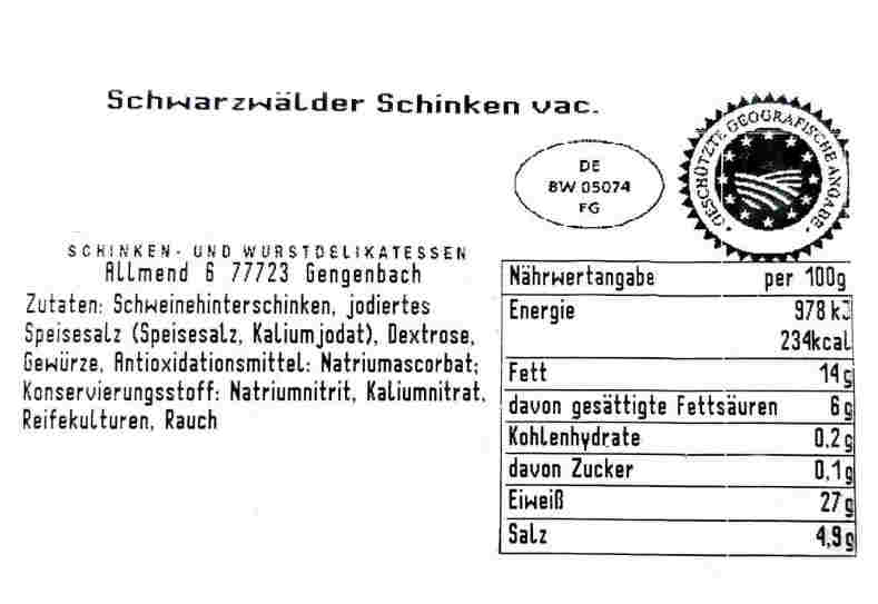 Schinken, Schinkenware, Allmend, Zutaten, Nährwertangabe