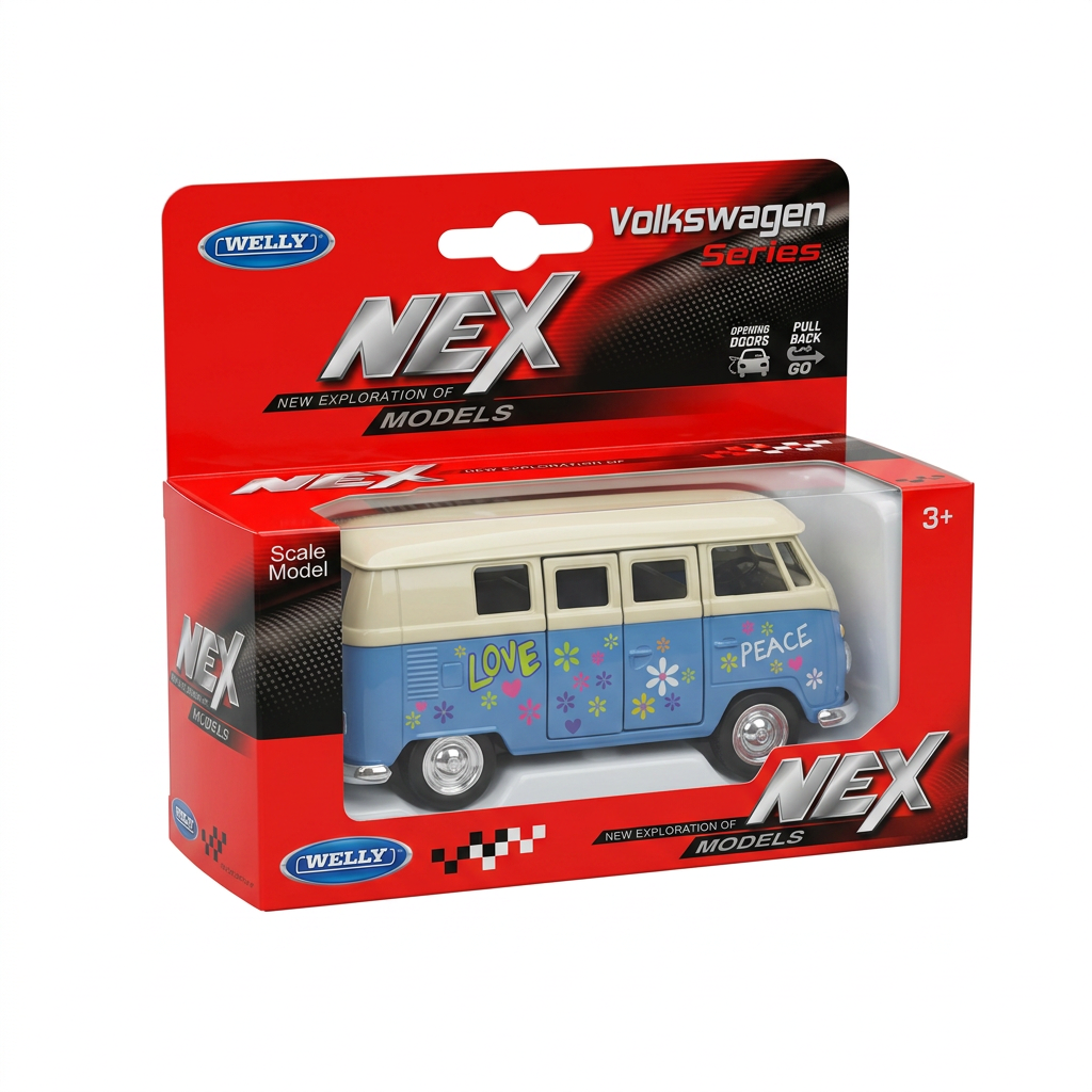 Spielzeugauto, VW Transporter, Miniatur-Van, Blau-Beige, Love Peace Muster