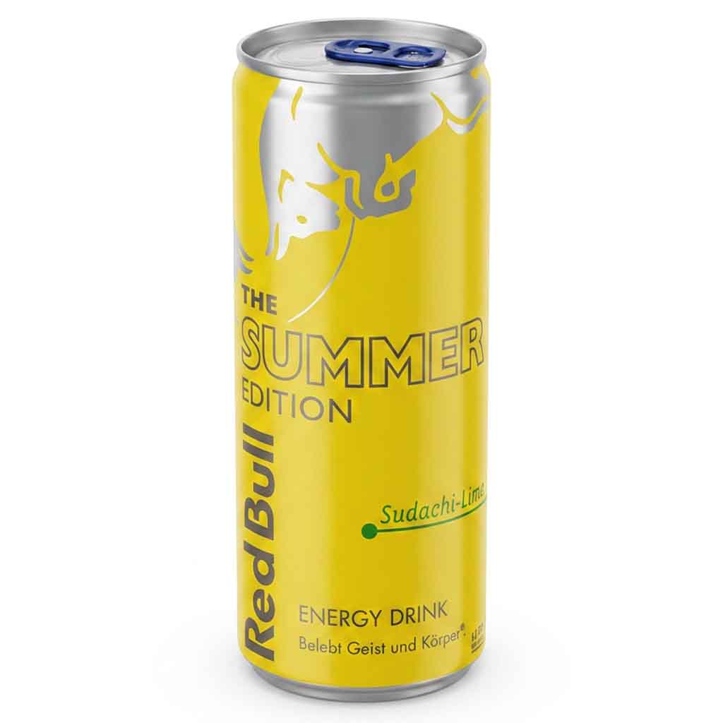 Energiedrink, Dosengetränk, gelbe Dose, Red Bull, Sommer-Edition