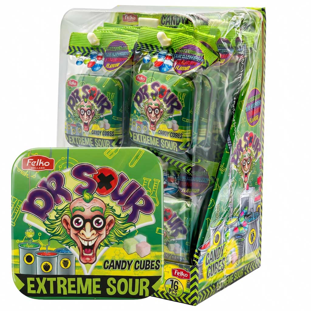 candy cubes, extreme sour, grüner tüten/dose, gummi bonbons, 16 stück