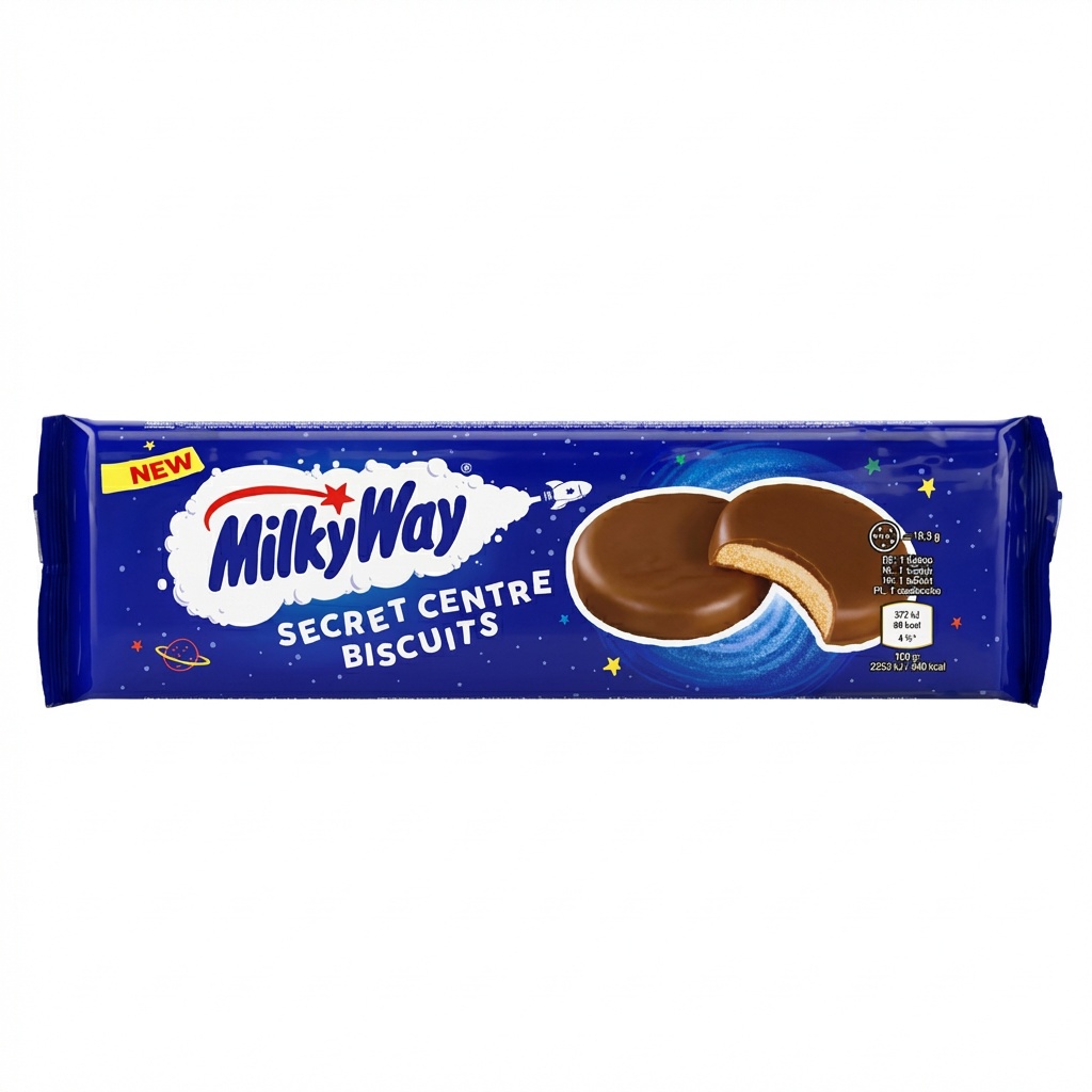 MilkyWay Biscuit, Secret Centre, Keks mit Füllung, Schokoladenüberzug, Blaues Packung