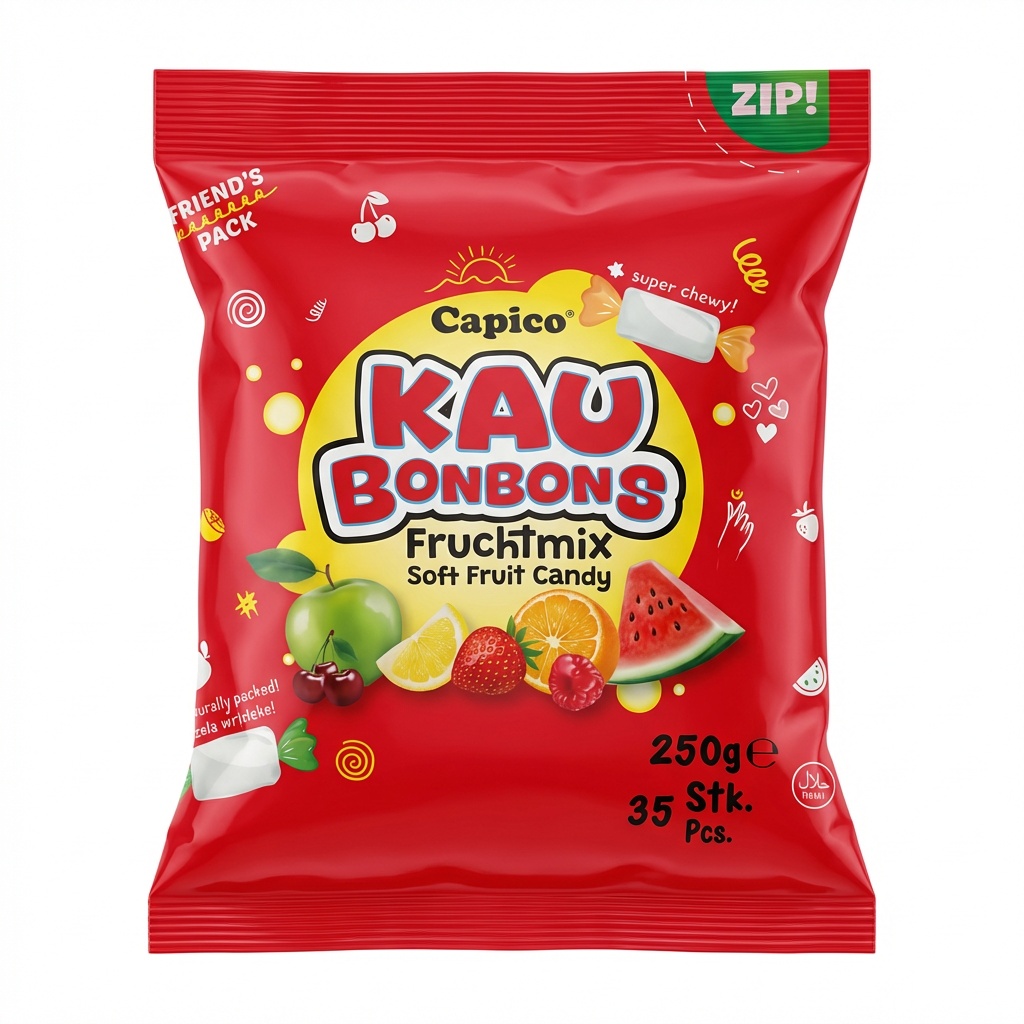 weiches Fruchtbonbon, Fruchtmix, Geschenkverpackung, rote Verpackung, 250 g