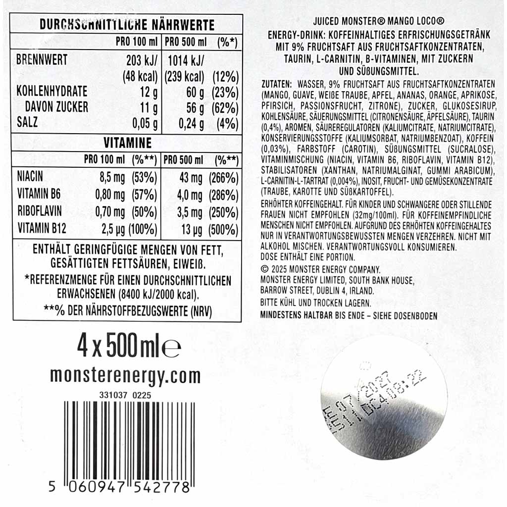 Mango Loco, Energy-Drink, Nährwerttabelle, 4x500ml, Monster Energy