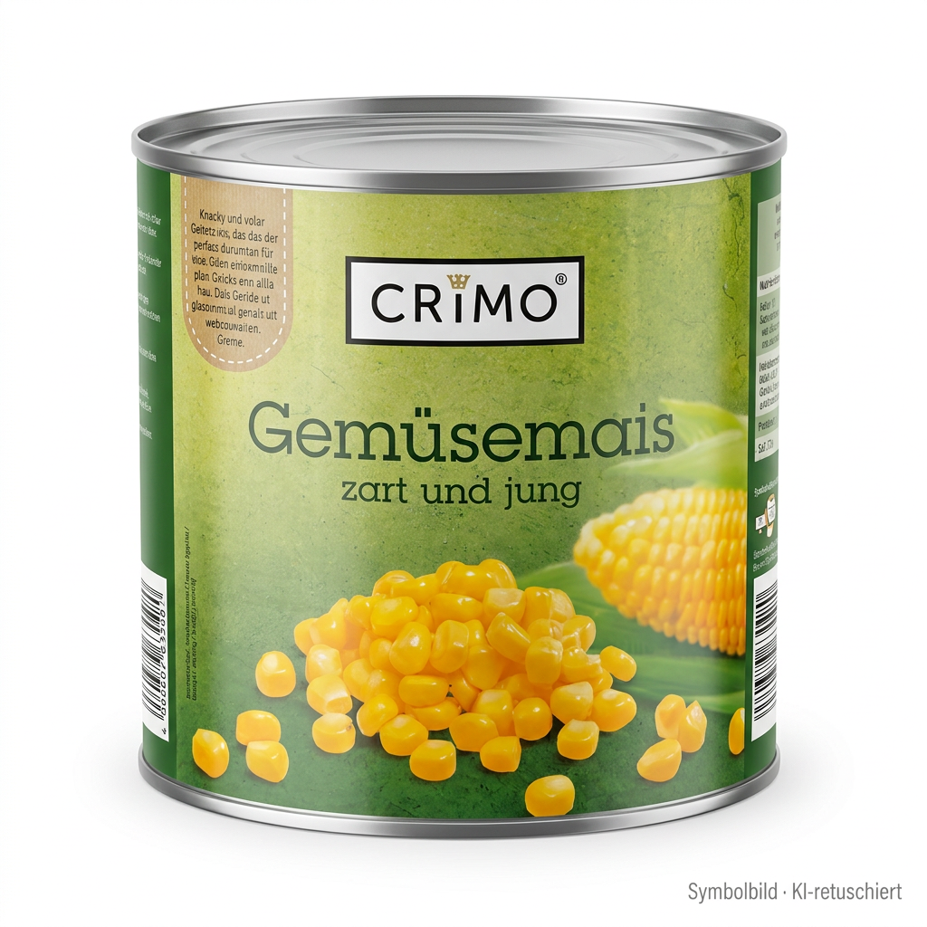 Gemüsemais, Maiskonserve, Gelbe Maiskörner, Grüne Dose, CRIMO label