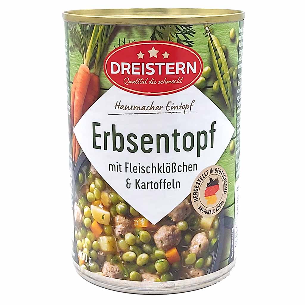 Erbsentopf, Gemüseeintopf, Hähnchenkeulen, Fleischklößchen, Kartoffeln