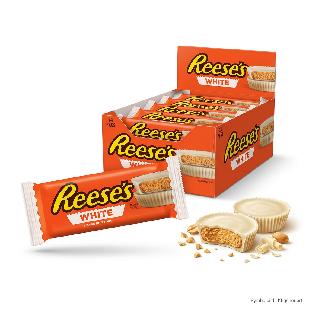 Reese's White, Erdnussbutter, Mini-Snack, Orangene Verpackung, Schachtel Pralinen