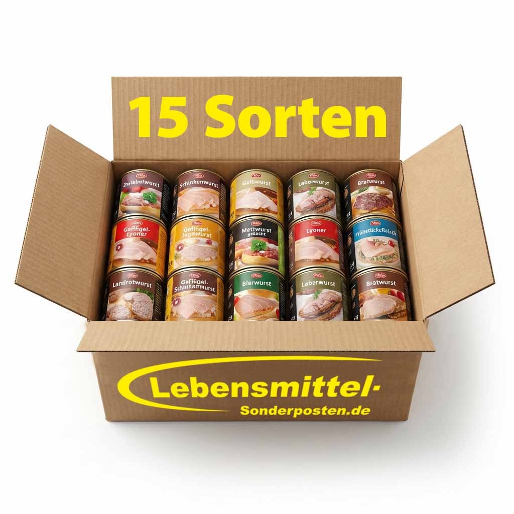 Konserven, Wurstsorten, Fleischwaren, Boxeninhalt, 15 Sorten