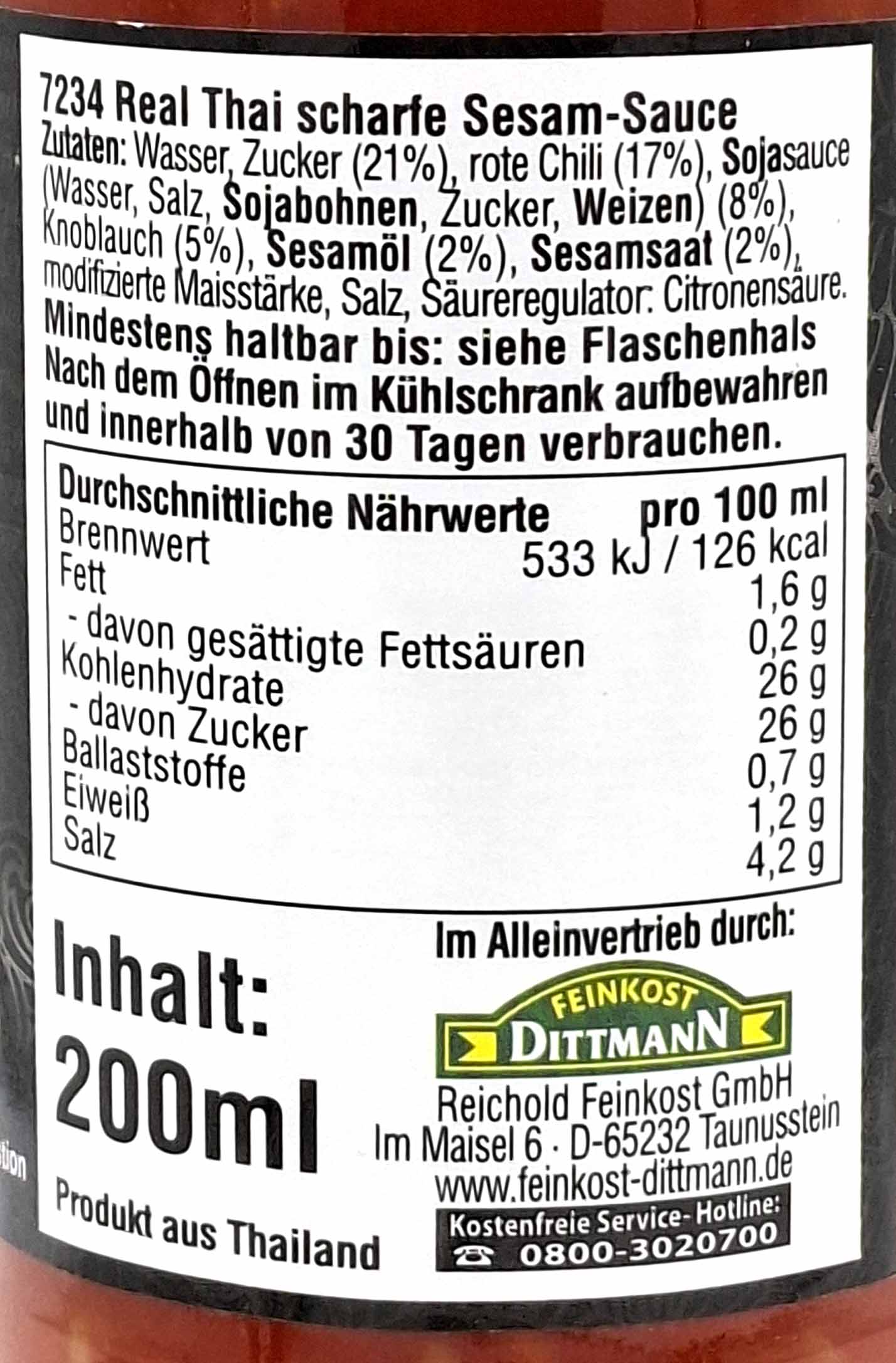 Sesam-Sauce, Thai-Scharf, Wasser, Zucker, Chili