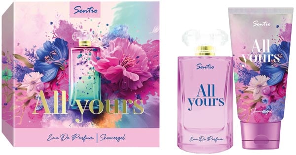 parfumset, eau de parfum, Duschgel, Blumenmuster, rosa flasche