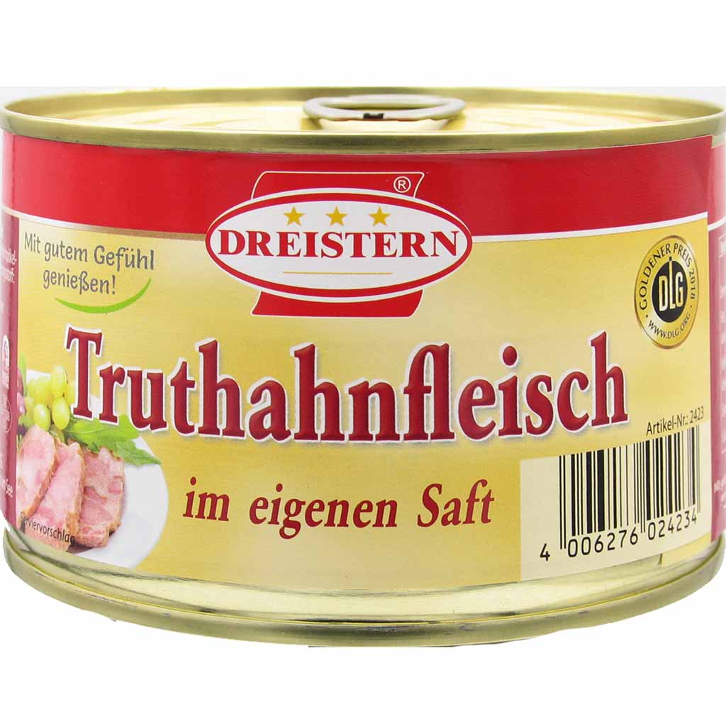 Dreistern Truthahnfleisch im eigenen Saft 400g MHD 19.12.28