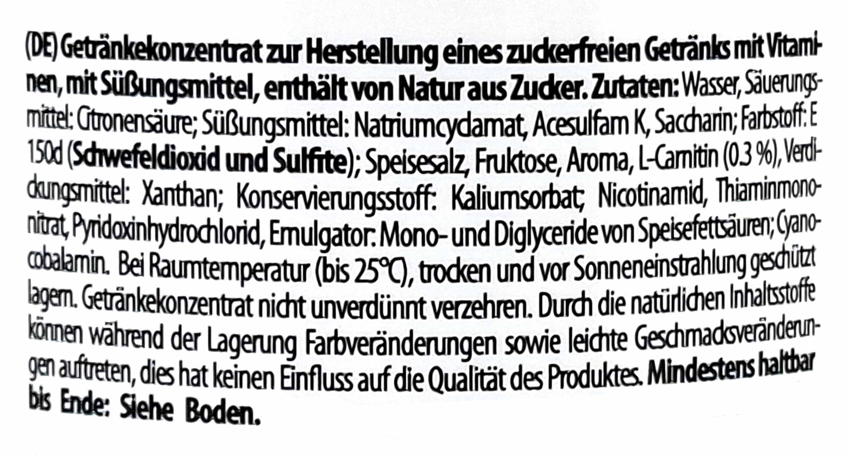 Getränkekonzentrat, Zutaten, Schwefeldioxid, Sulfite, Fruktose