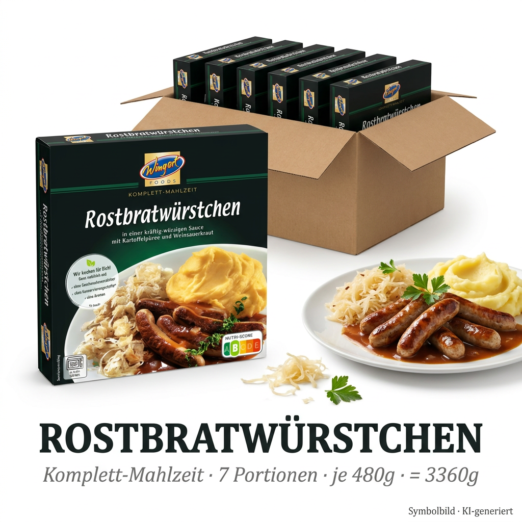 Rostbratwürstchen, Wurstbox, Kartoffelpüree, Weinsauce, 7 Portionen