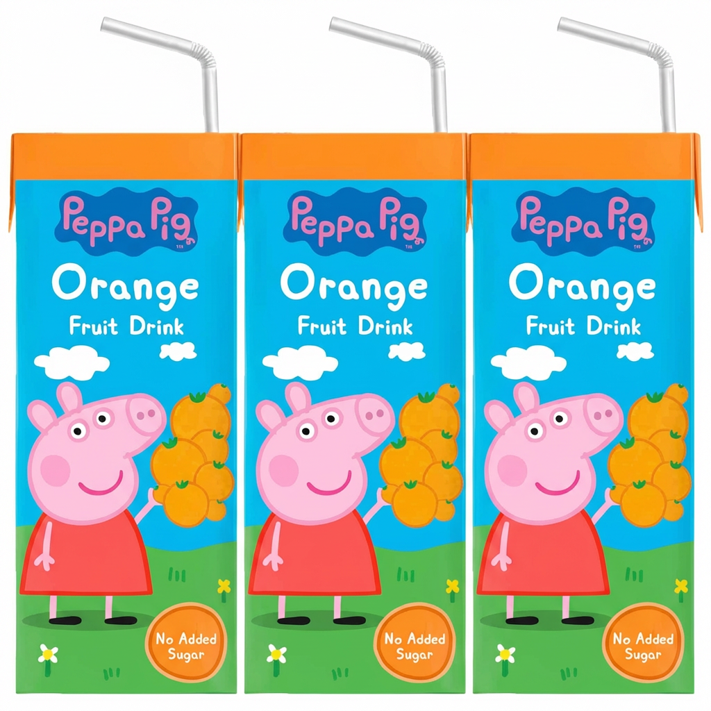 Orangensaft, Fruchtgetränk, Peppa Pig, Trinkverpackung, Karikatur-Design