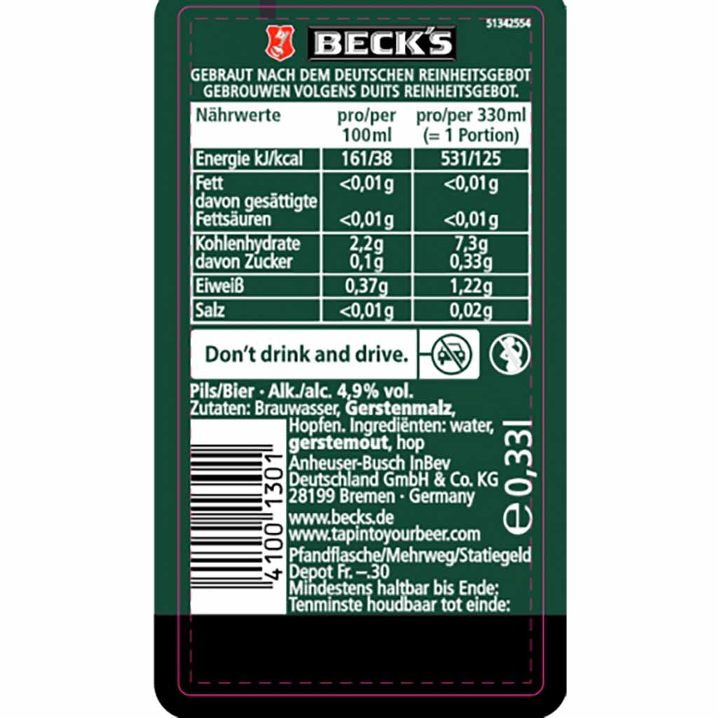 24x BECK’S Pils Dosen je 0,5L =12L , 4100130007736 ,Zutaten
