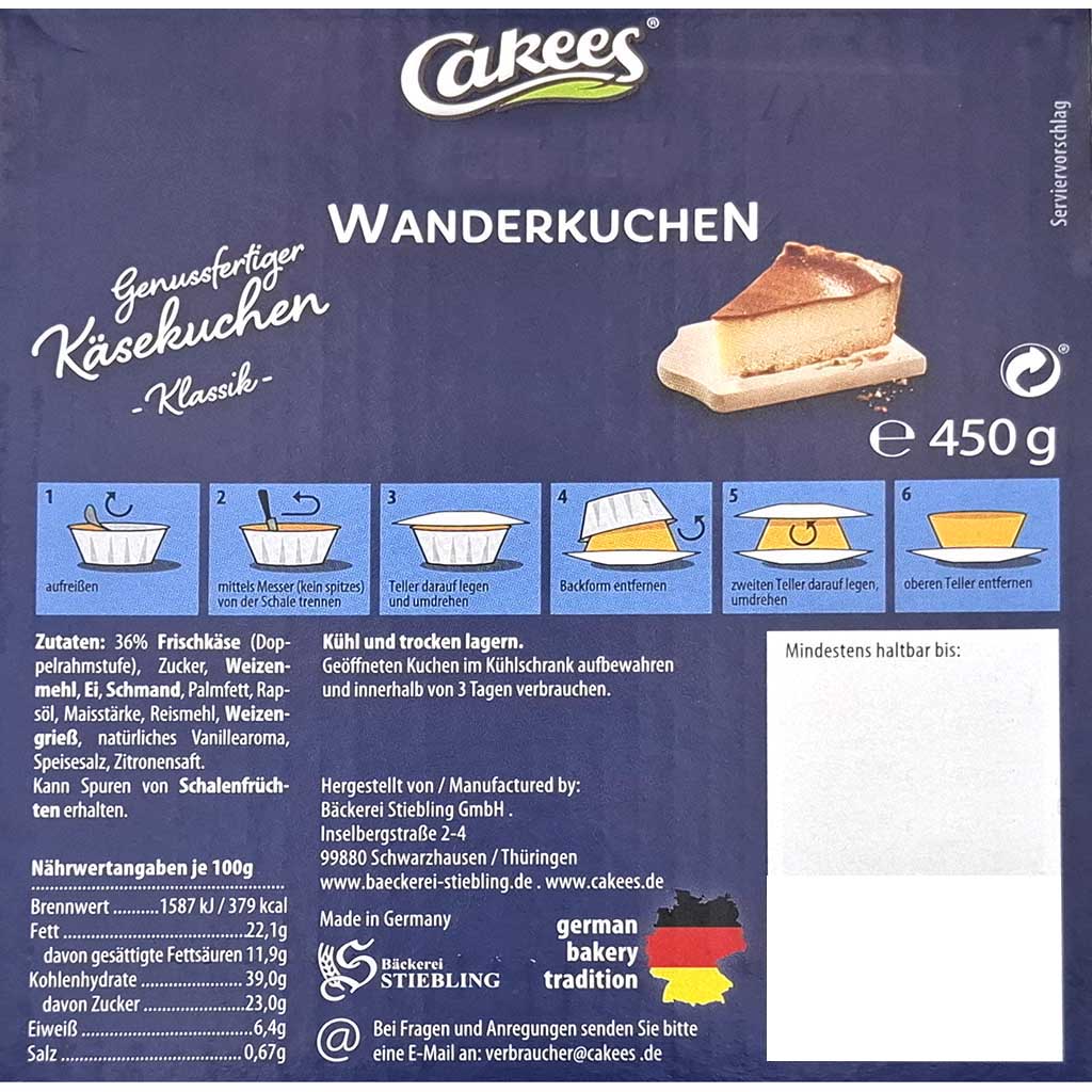 Käsekuchen, Wandekuchen, Käsekuchenstück, Kuchenboden, 450 g