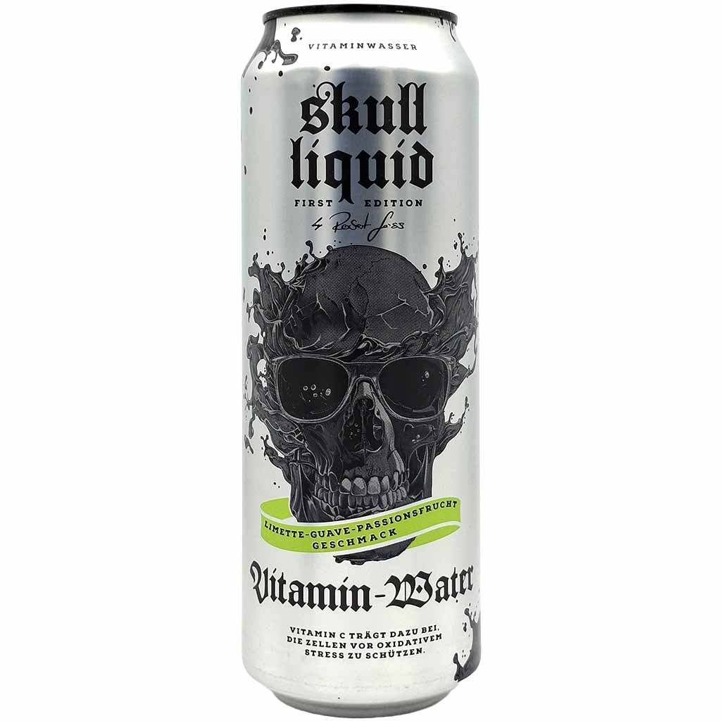 dosen, vitaminwasser, limette-guave-passionfruit, flasche, schädel