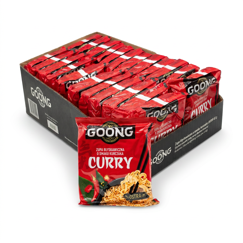 Instant-Noodles, Curry, Rote Verpackung, Gestapelte Kartons, Chow Mein
