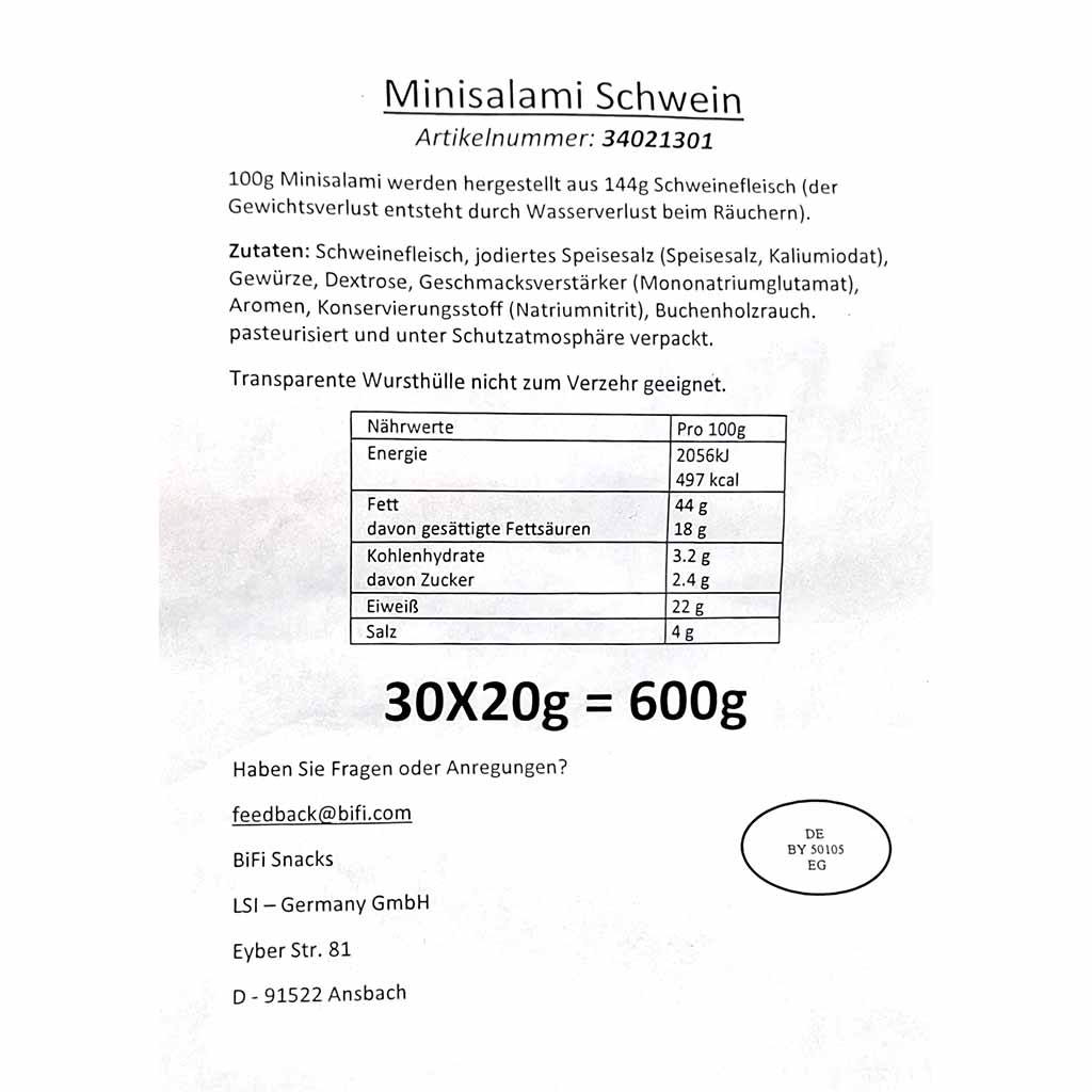 Minisalami, Schweinefleisch, Zutatenliste, Nährwerte, 600g