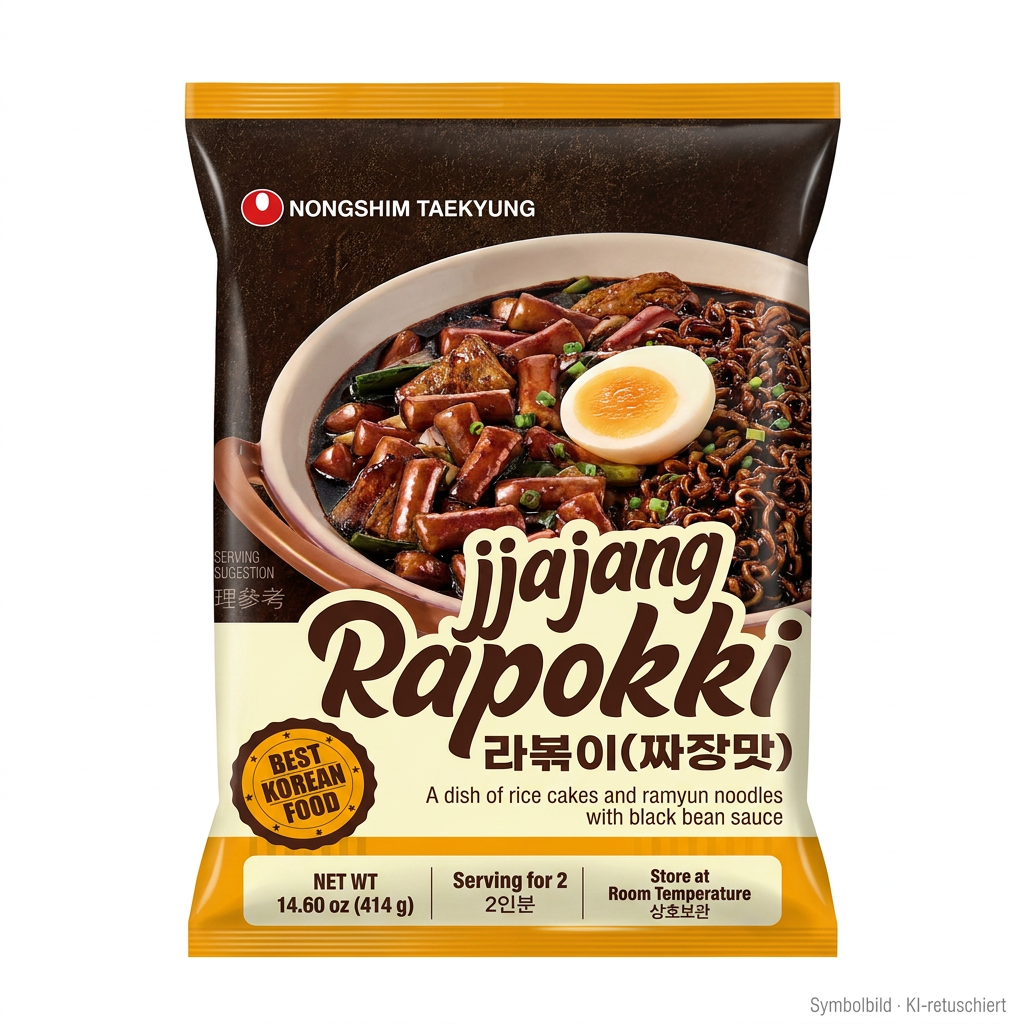 Instant noodles, Reiskuchen, Ramyeon, Schwarzbohnensosse, Ei (gekocht)