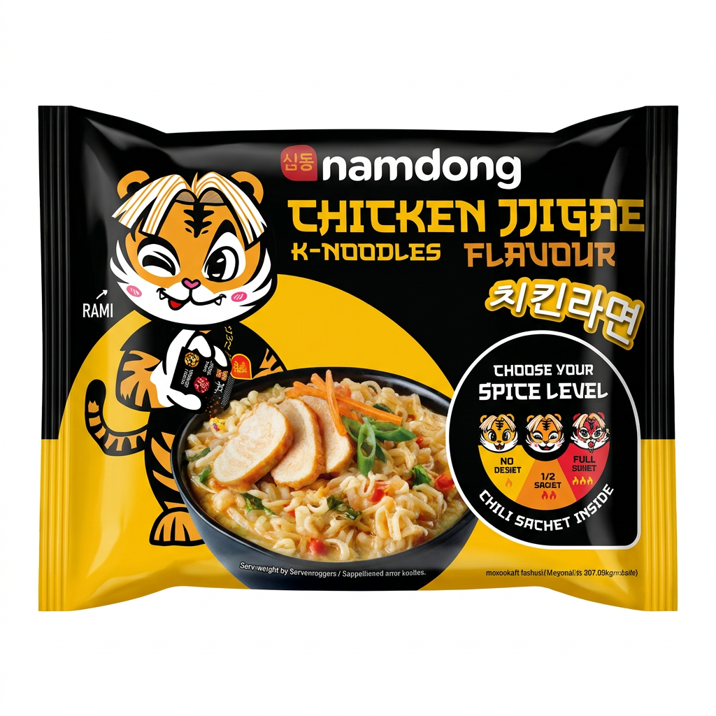 Schnelle Nudeln, Hähnchen, Gewürzbeutel, Ramen-ähnlich, Koreanische Verpackung