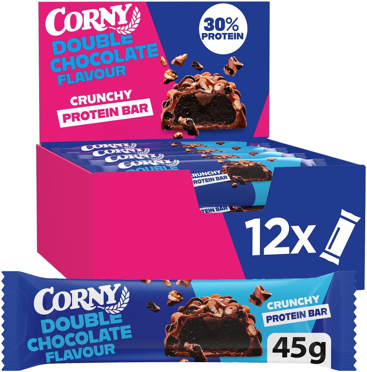 Protein-Riegel, Double Chocolate, Knusprig, Snack-Verpackung, 45g pro Riegel