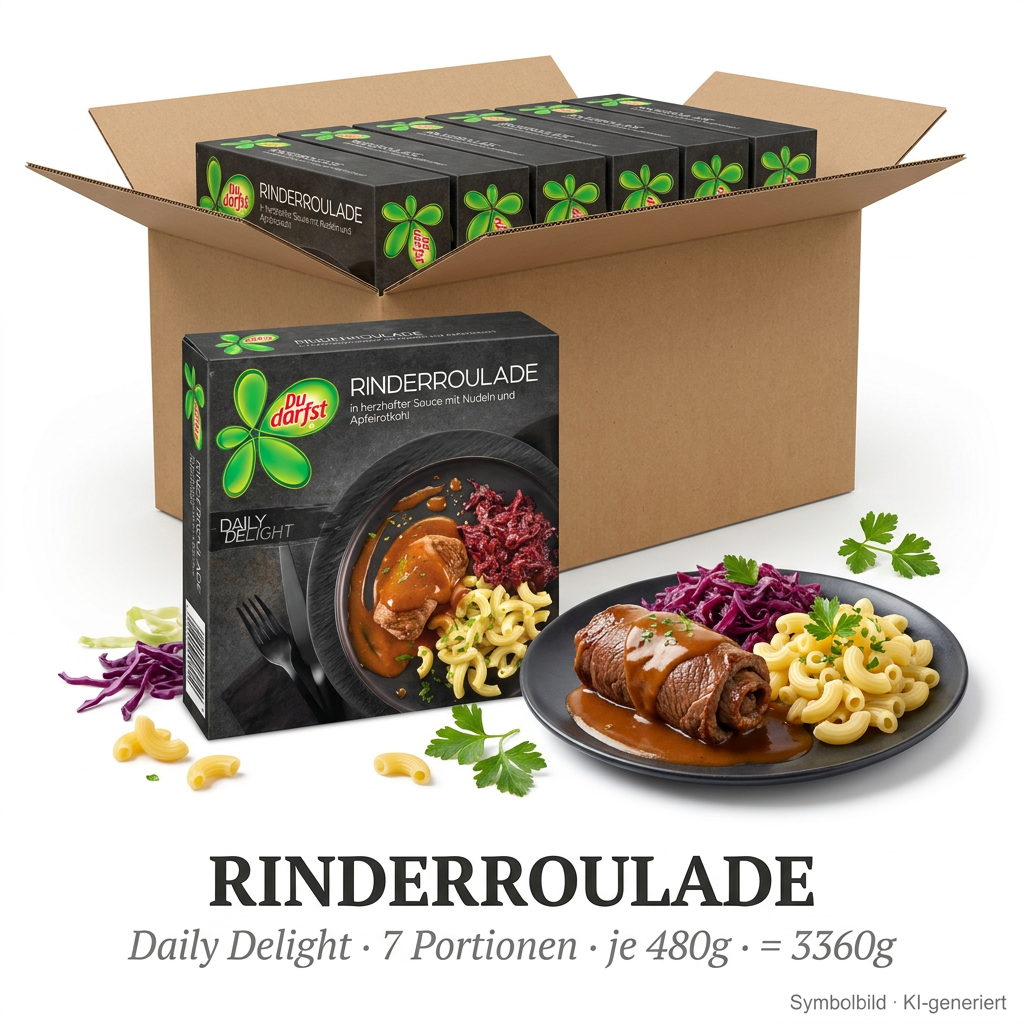 Rinderroulade, Pastete, Nudelgericht, Schmorgericht, Boxenpackung